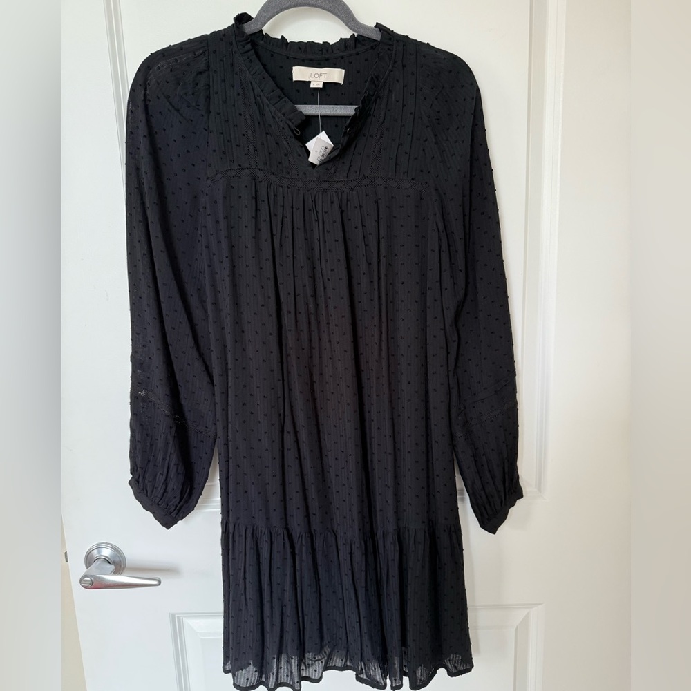 Dotted Lacy Ruffle Swing Dress, LOFT, Size S, Black